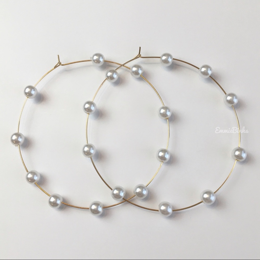 New Zara Large Threader Hoop Statement Earrings ~ Boho Pearl Accents ~ Hoops - Picture 6 of 14